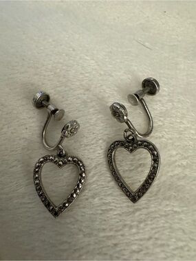 Open Heart Clip-On Drop Earrings in Silver with Crystal Accents
